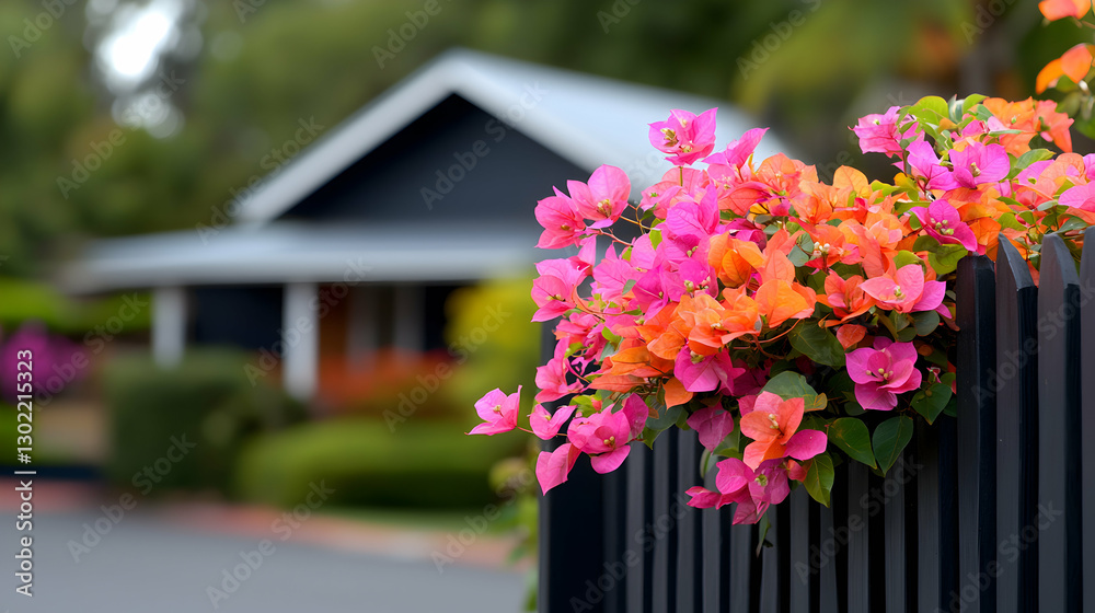 Fototapeta premium Vibrant Pink and Orange Bougainvillea Cascading Over a Black Fence