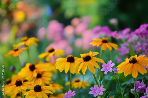 Vibrant rudbeckia and verbena flourishing in a sunny late summer garden border for botanical aficionados and floral admirers photo