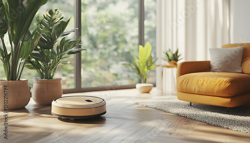 Modern Room with Robotic Vacuum Cleaner photo