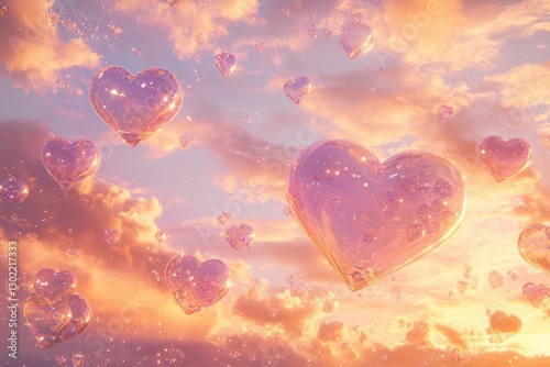 ethereal pink and lavender heart-shaped clouds floating in dreamy sunset sky, golden light filtering through wispy formations creating magical atmosphere with subtle glitter effect