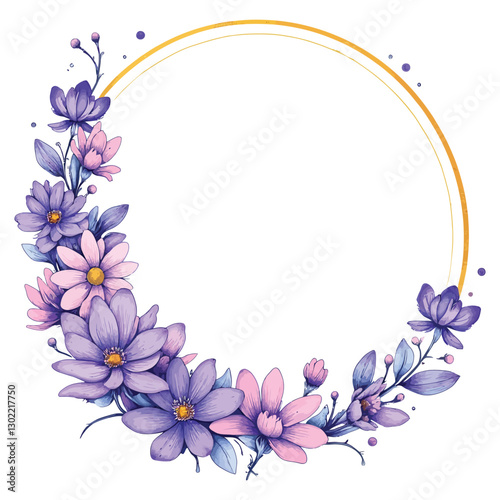 Watercolor floral frame with lovely butterflies and golden circle