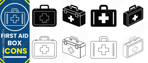 First aid kit icon vector set. Medical suitcase symbol. First aid signs. Kit case emergency care symbols. Pharmacy icons.Medical treatment box, First aid box silhouette icon, briefcase silhouette