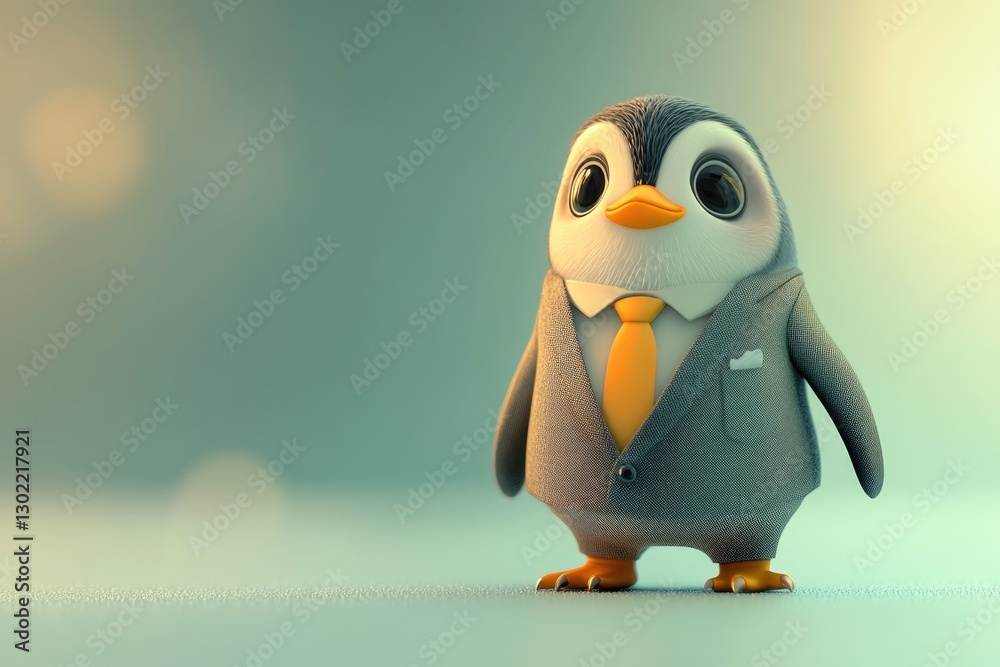 Obraz premium Adorable cartoon penguin in a suit, standing on a light-blue background.