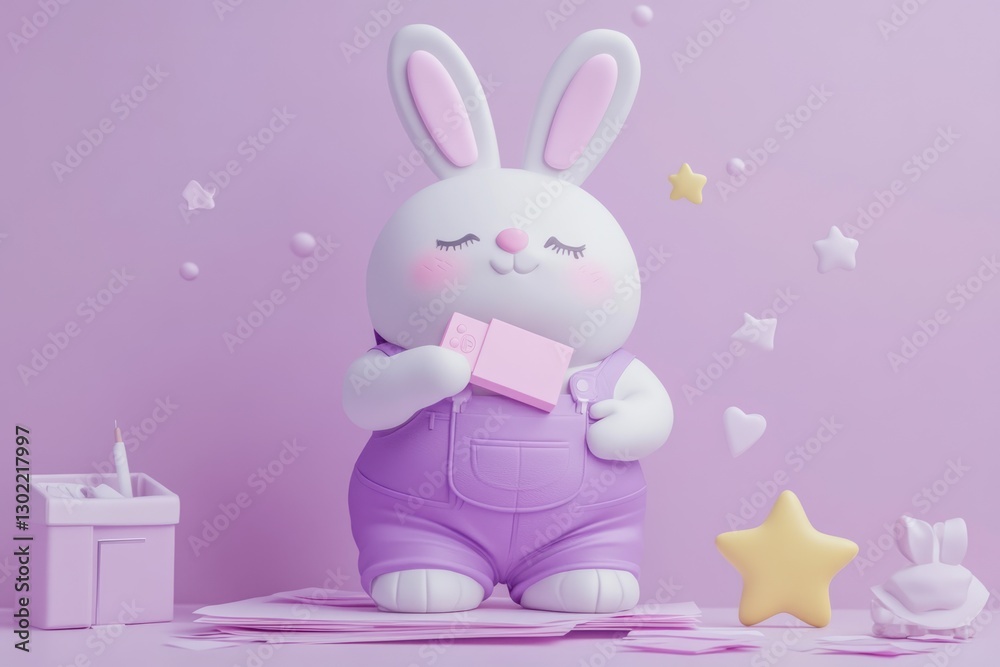 Adorable 3D render of a cute bunny in purple overalls holding a pink rectangular object, surrounded by pastel stars and hearts on a lilac background. Adorable 3D render of a cute bunny in purple overalls holding a pink rectangular object, surrounded by pastel stars and hearts on a lilac background.