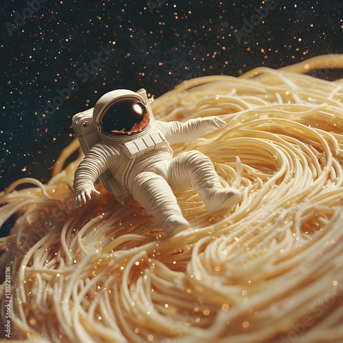 A tiny astronaut floating through a galaxy of spaghetti strands, space fantasy art
 photo