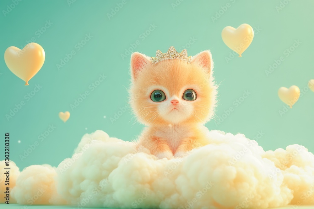 Fototapeta premium Adorable kitten wearing a crown sits on a fluffy cloud amidst heart-shaped balloons.