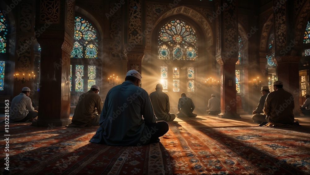 A serene indoor scene in a mosque, with people sitting and praying on the floor, surrounded by long, ornate rugs, and illuminated by soft filtered light. A serene indoor scene in a mosque, with people sitting and praying on the floor, surrounded by long, ornate rugs, and illuminated by soft filtered light.