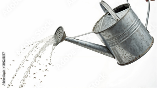 Metal watering can pouring water with splashes on white background for gardening