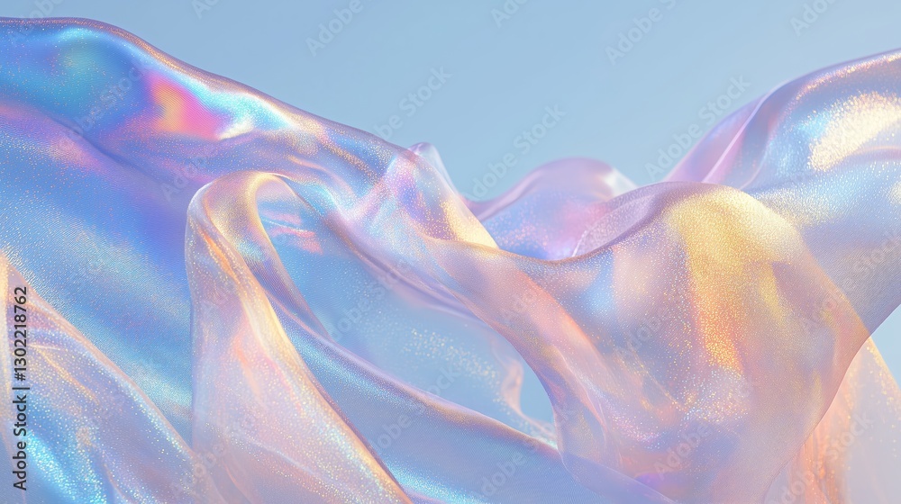 Fototapeta premium Iridescent, holographic fabric flows ethereally in the wind against a light blue sky, shimmering with subtle glitter and conveying tranquility