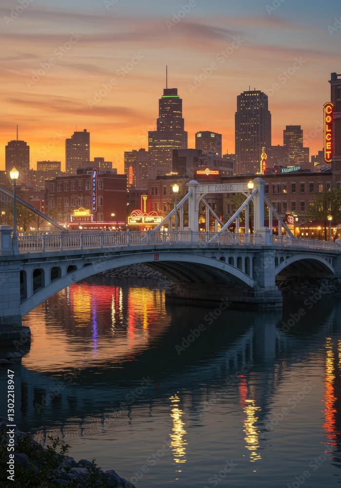 A nostalgic mid-century bridge spans a glowing cityscape reflecting vibrant neon lights.