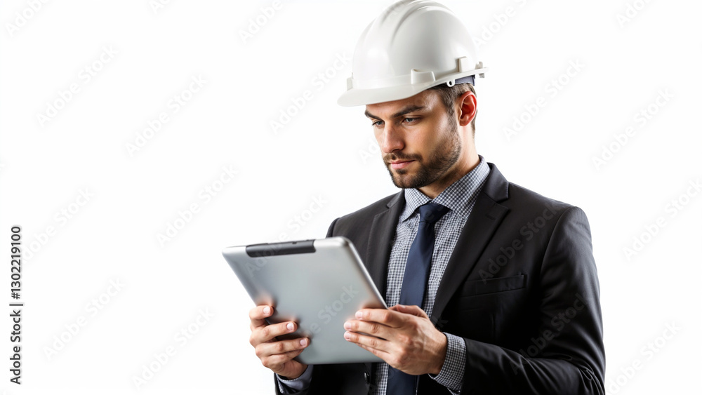 Construction manager in a suit and hard hat checking tablet with a serious expression, white background Construction manager in a suit and hard hat checking tablet with a serious expression, white background