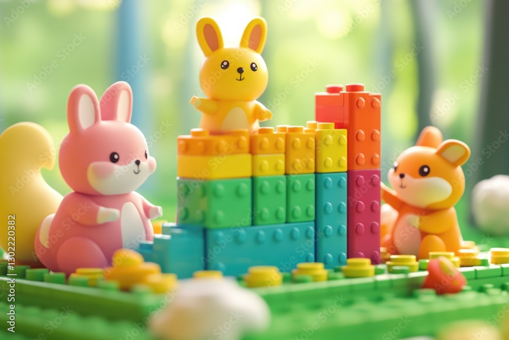 Fototapeta premium Cute bunny and fox figurines playing with colorful building blocks in a vibrant outdoor setting.