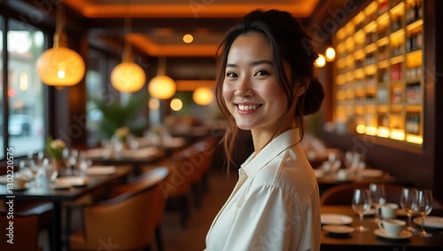 Cheerful Asian Woman in Vibrant Restaurant with Warm, Cozy Ambiance