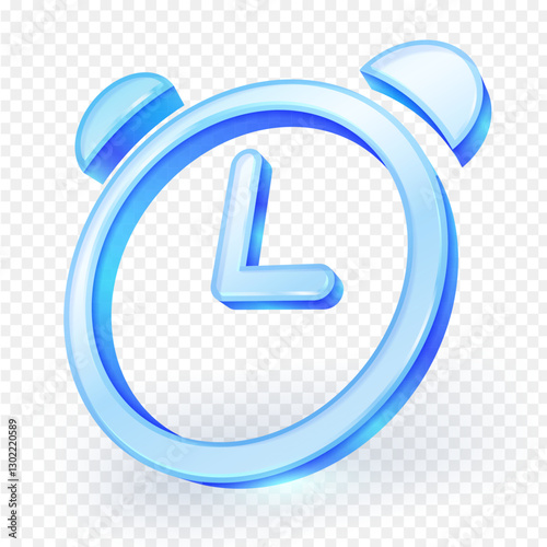 3d alarm glass clock icon. Blue transparent glass material. Isolated on white background. vector illustration file.