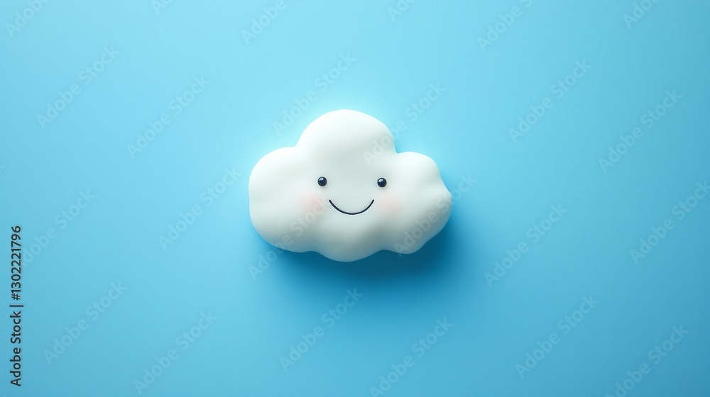 Small white play dough cloud, childrens book character, laying on a flat blue surface Small white play dough cloud, childrens book character, laying on a flat blue surface