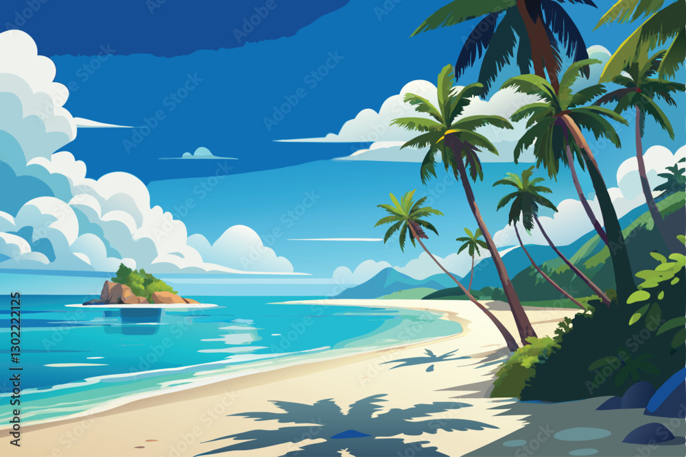 Tranquil Tropical Beach Vector Illustration. Clear turquoise water gently laps at a white sandy shore lined with palm trees swaying in the breeze. 