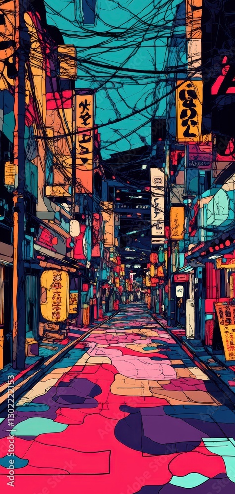 Fototapeta premium Abstract ukiyoe inspired Tokyo streets, stylized patterns merging Edoera aesthetics with bold contemporary design