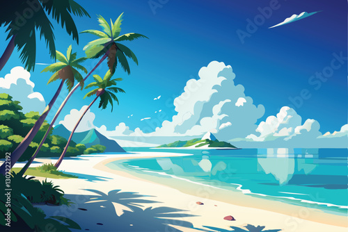 Tranquil Tropical Beach Vector Illustration. Clear turquoise water gently laps at a white sandy shore lined with palm trees swaying in the breeze. 