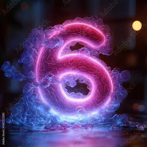 Glowing number six, smoke, dark background