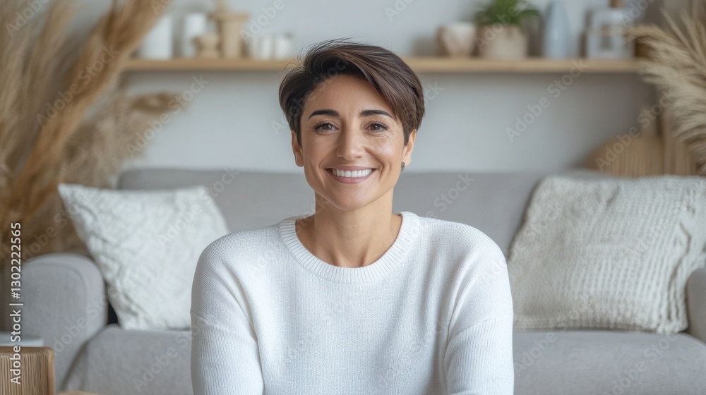Serene Smile: Portrait of a happy woman smiling. Her radiant smile and confident posture project warmth and approachability in cozy home setting Serene Smile: Portrait of a happy woman smiling. Her radiant smile and confident posture project warmth and approachability in cozy home setting