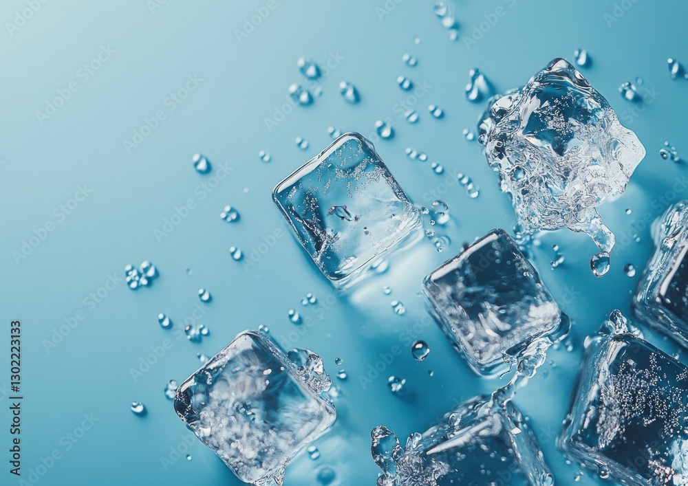 Melting ice cubes with water droplets on blue background. Melting ice cubes with water droplets on blue background.