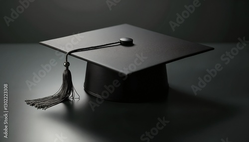 Graduation Cap on Table Against a Black Background, Symbolizing Academic Success