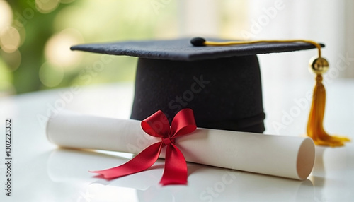 Graduation Cap and Diploma Scroll Symbolizing Academic Achievement