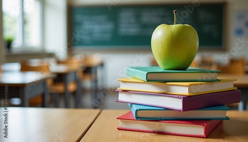 Green Apple on a Stack of Books Against a School Blackboard