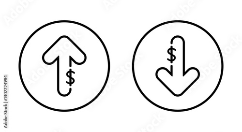 Dollar arrow outline up and down icon on circle line. USD growth and decline sign. Increase and decrease currency symbol
