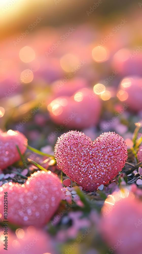Obraz premium Pink hearts, sunset field, romantic, Valentine's