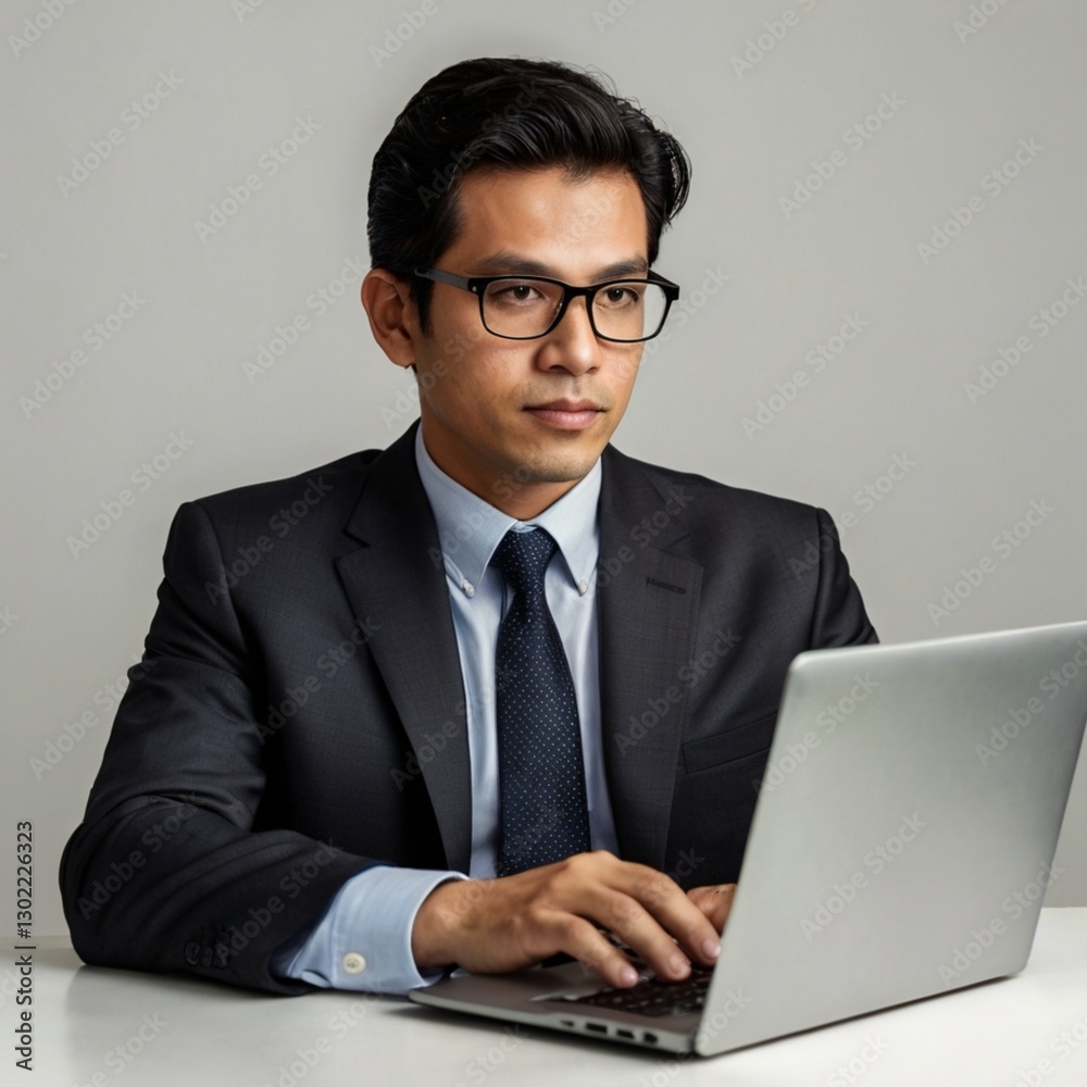 A professional businessman in a suit working on a laptop, isolated on a white background.
A professional businessman in a suit working on a laptop, isolated on a white background.
