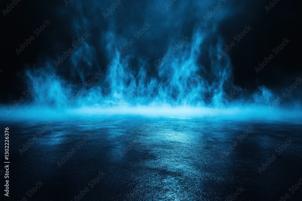 Blue ethereal flames rise from a dark reflective surface Blue ethereal flames rise from a dark reflective surface