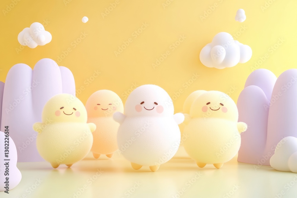 Adorable fluffy cartoon characters happily standing together in a pastel-colored landscape.