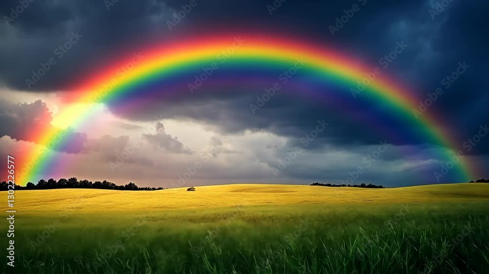 Vibrant rainbow arching over a golden field under a dramatic sky with dark clouds Vibrant rainbow arching over a golden field under a dramatic sky with dark clouds