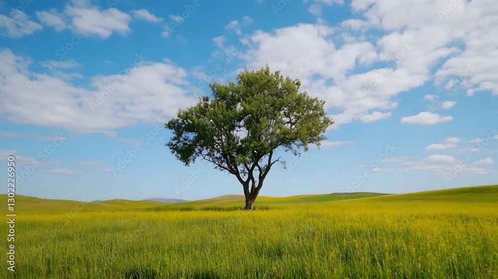Lush Meadow with Lone Tree Under Vast Blue Sky and Fluffy Clouds in Peaceful Countryside Landscape Lush Meadow with Lone Tree Under Vast Blue Sky and Fluffy Clouds in Peaceful Countryside Landscape