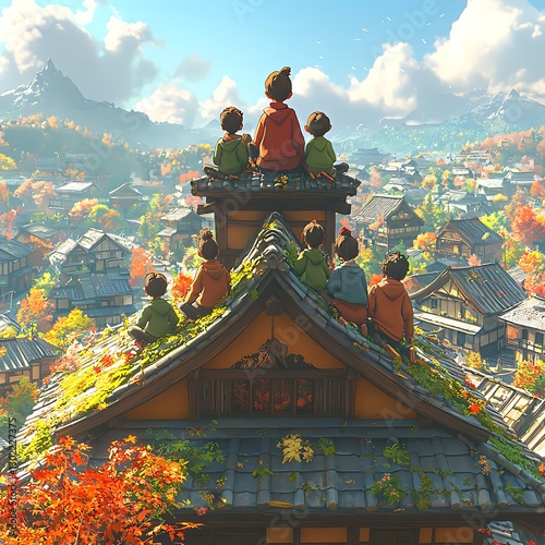 Children Rooftop Autumn Village View