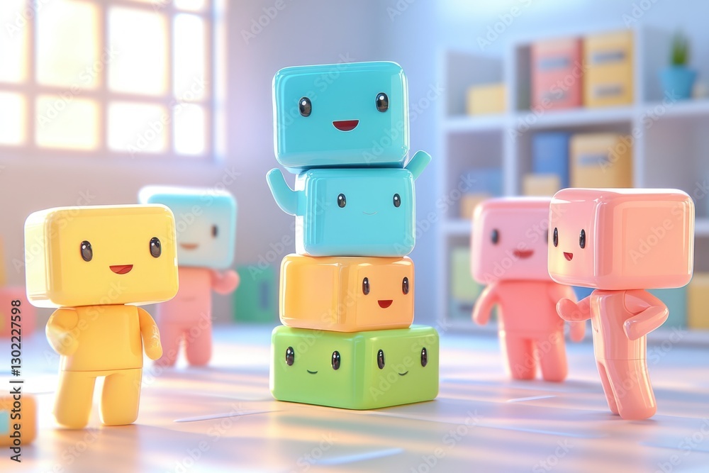 Obraz premium Happy colorful cube robots playing together in a bright classroom.