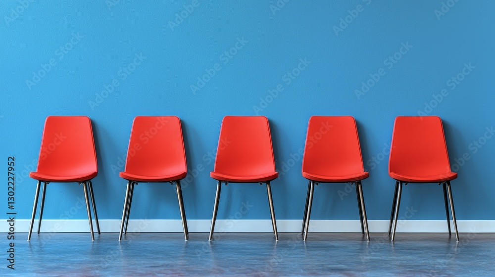 Obraz premium Five red chairs lined up against a vibrant blue wall, showcasing a modern and minimalist design in an inviting space.