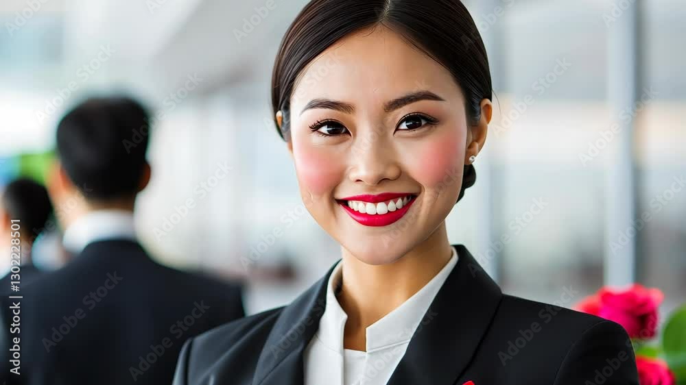 Confident woman wearing formal attire and bright red lipstick smiles warmly at a professional event in an urban setting Confident woman wearing formal attire and bright red lipstick smiles warmly at a professional event in an urban setting