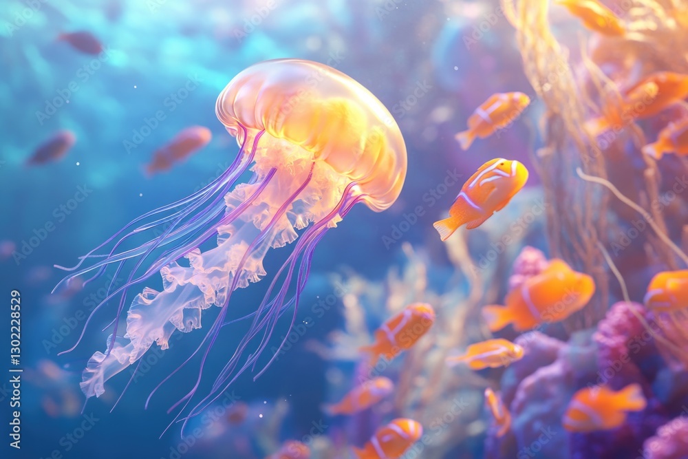 Obraz premium A luminous jellyfish gracefully floats amidst vibrant coral and playful clownfish in a sunlit ocean scene.