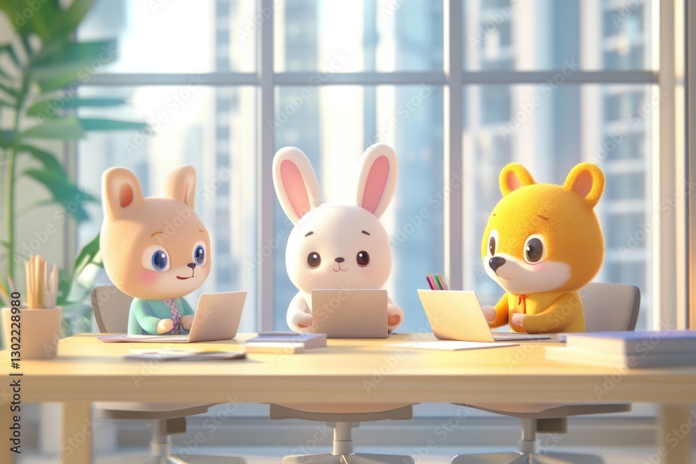 Fototapeta premium Three adorable animal characters work collaboratively on laptops in a bright office setting.