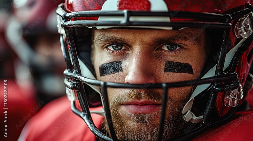 Focused Football Player in Red Uniform, Locker Room Focused Football Player in Red Uniform, Locker Room