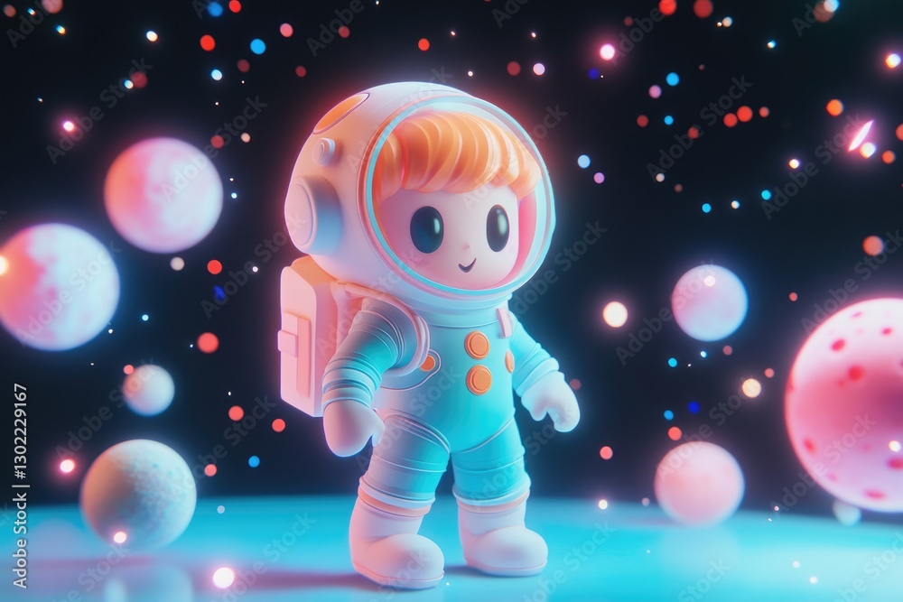 Fototapeta premium A cute cartoon astronaut floats in space amidst glowing planets and stars.