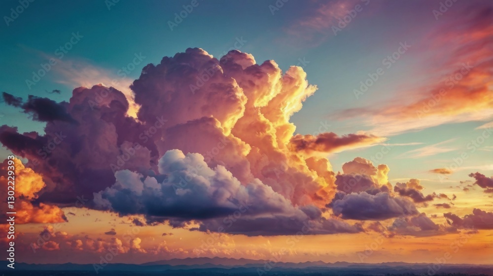 Naklejka premium A breathtaking view of a colorful cloudy sky during sunset, featuring a stunning gradient of warm and cool tones. Perfect for nature photography, backgrounds, and atmospheric designs.
