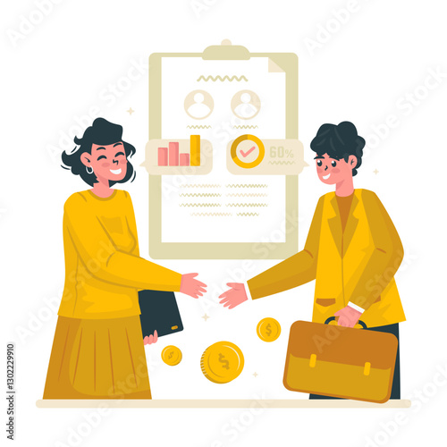 Business partnership with investment document agreement vector illustration