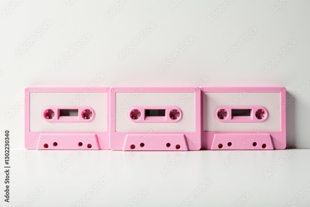 Pastel Pink Audio Cassettes in a Row Against a Plain White Background Pastel Pink Audio Cassettes in a Row Against a Plain White Background