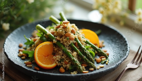Vibrant quinoa salad with asparagus and citrus on a rustic wooden table at midday