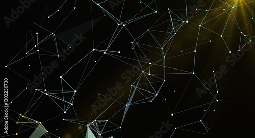 Abstract network of interconnected dots and lines with a dark background and subtle light effects