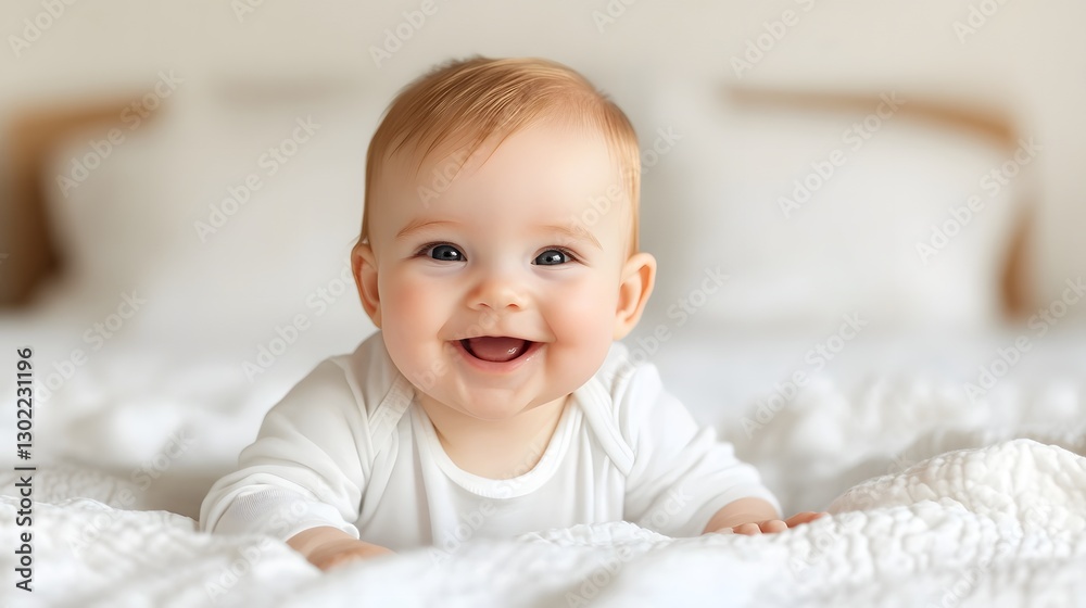 Joyful Infant Lying on Soft Bed, Smiling at with Delight Joyful Infant Lying on Soft Bed, Smiling at with Delight