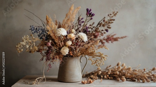 A beautifully styled arrangement featuring dried flowers in soft, earthy tones, creating a dreamy and elegant aesthetic. Perfect for interior decor, floral design, and artistic compositions.